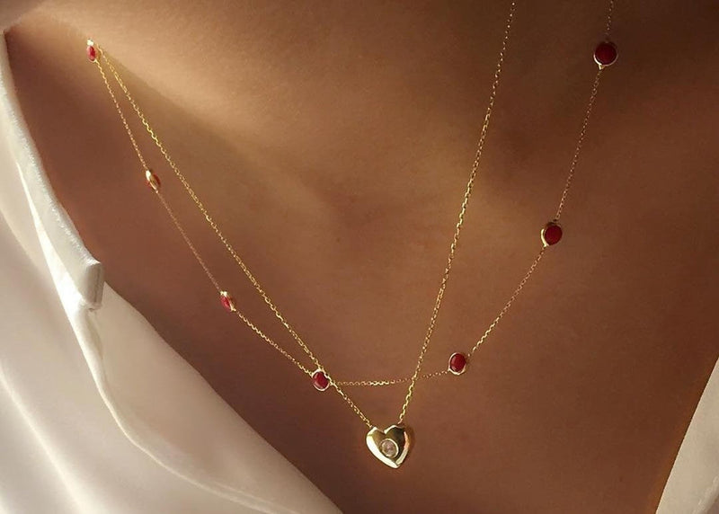 Ruby Necklace, 14K Solid Yellow Gold Ruby Necklace, Beaded Ruby Necklace, Bezel Set Beaded Gold Station Necklace, Gift for Her, Ruby Station Necklace