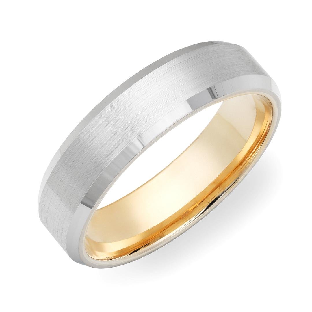 Two tone gold men's wedding band featuring a satin finish center and shiny edges, comfort fitted, 6mm wide.