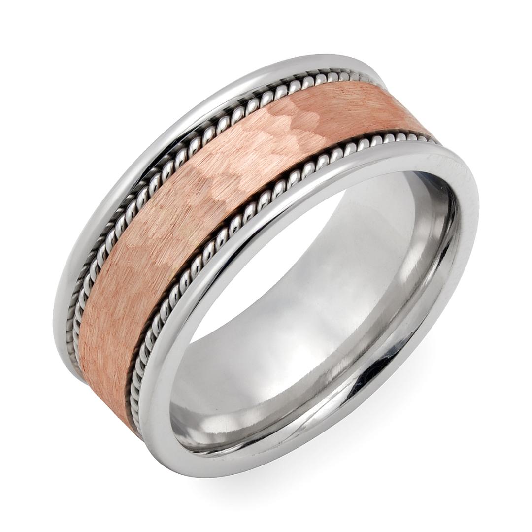 Two Tone Gold Hammered Finish Handmade Men's Wedding Ring, 8mm wide with Rose Gold and White Gold braided design.