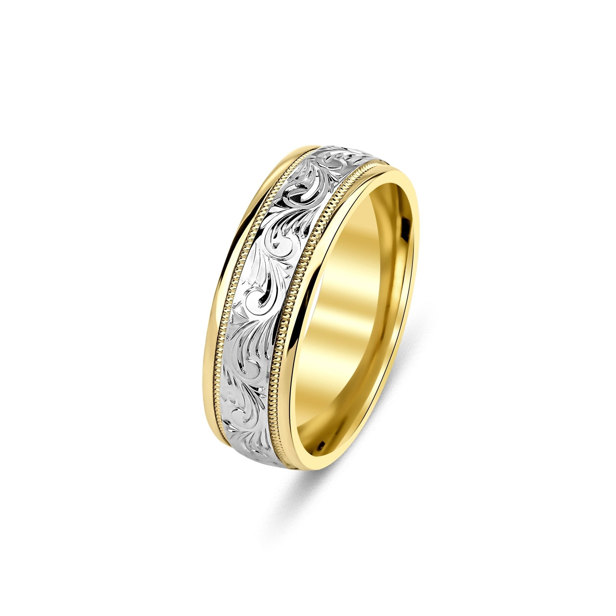 Two tone gold hand engraved men's wedding band with shiny finish, comfort fitted, available in various metals.