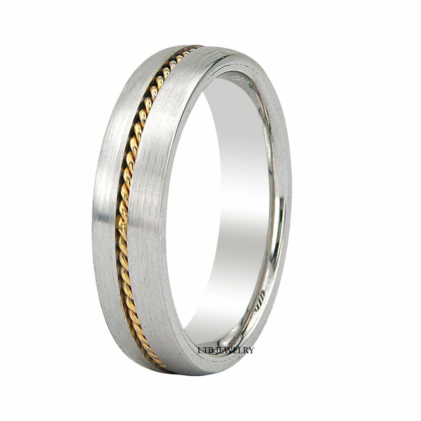 Two tone gold handmade braided wedding band in solid white and yellow gold with a satin finish, 6mm wide.