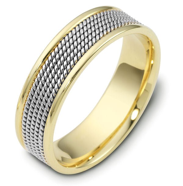 Two tone gold rope braided handmade wedding band, 7mm wide, solid white and yellow gold, shiny finish, comfort fit.