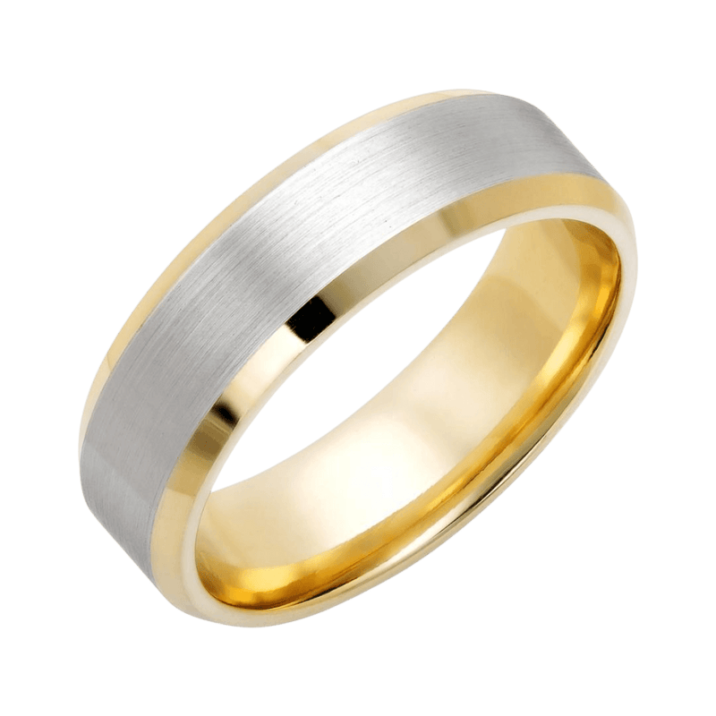 Two Tone Gold Wedding Bands, 6mm 14K Solid White and Yellow Gold Beveled Edge Mens Wedding Rings