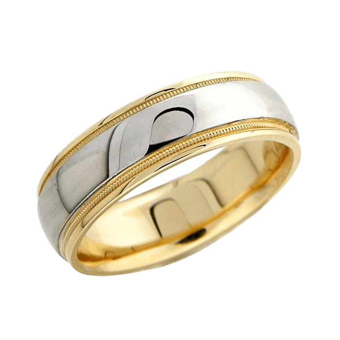 Two tone gold wedding band, 10K 14K 18K options, comfort fitted, shiny finish with milgrain details.