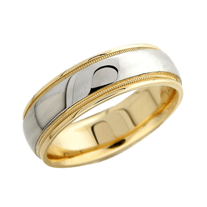 Two Tone Gold Wedding Bands, 6mm 14K White and Yellow Gold Milgrain Shiny Finish Mens Wedding Rings