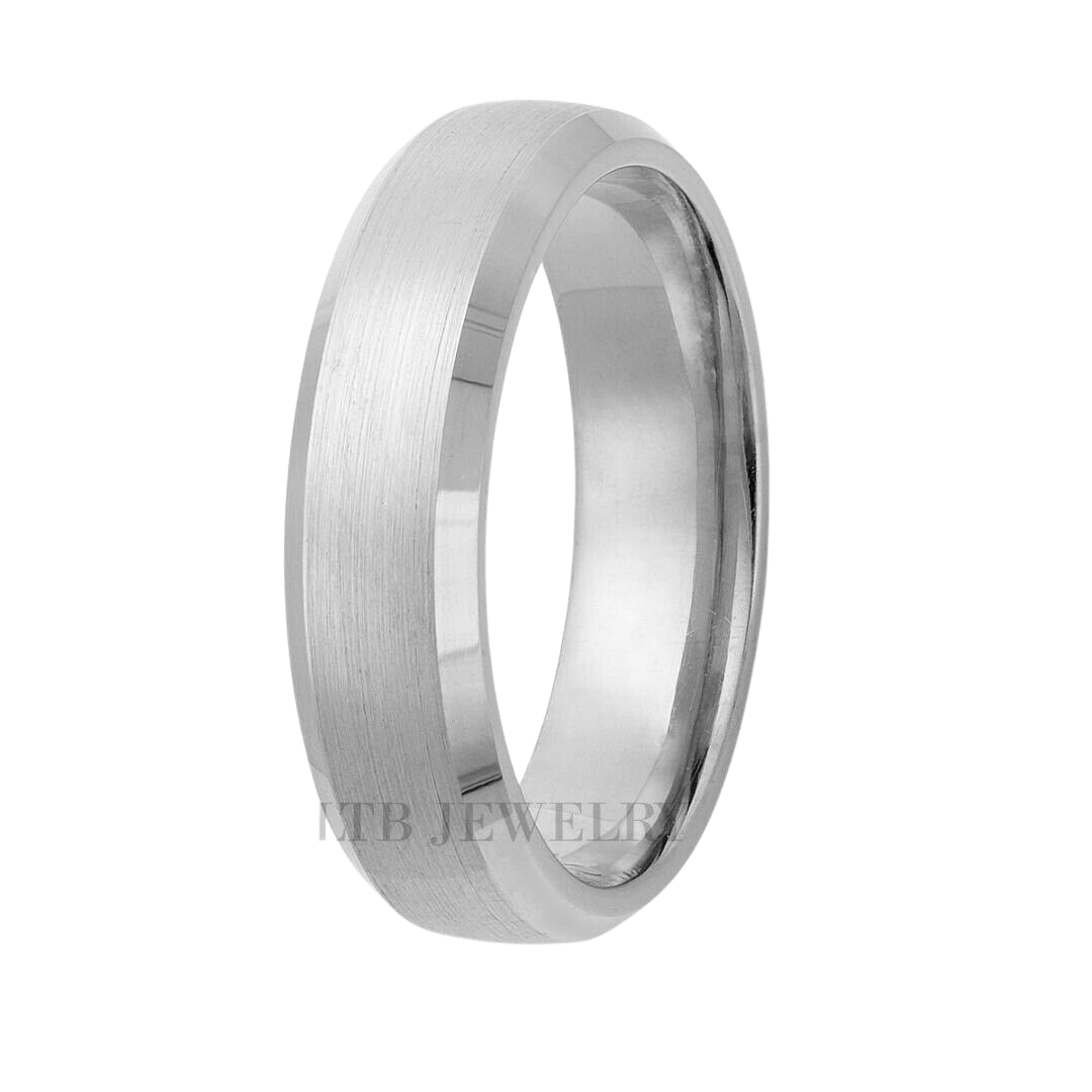 Beveled edge men's wedding band in solid white gold, featuring satin finish and shiny edges, 6mm wide.