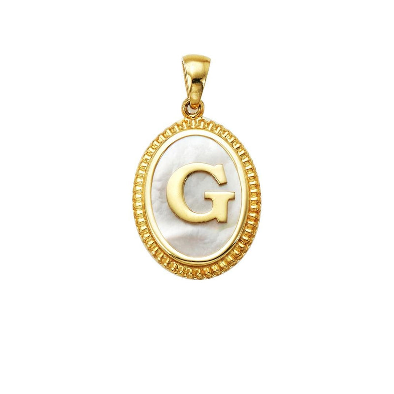 Yellow Gold Mother Of Pearl Initial Necklace, Letter G Necklace