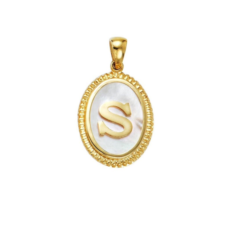 Yellow Gold Mother Of Pearl Initial Necklace, Letter S Necklace